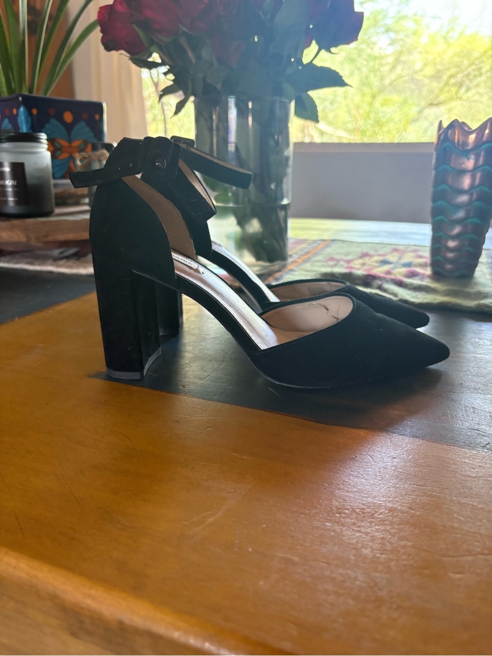 Alex Marie Black Pointed-Toe Ankle-Strap Block Heels